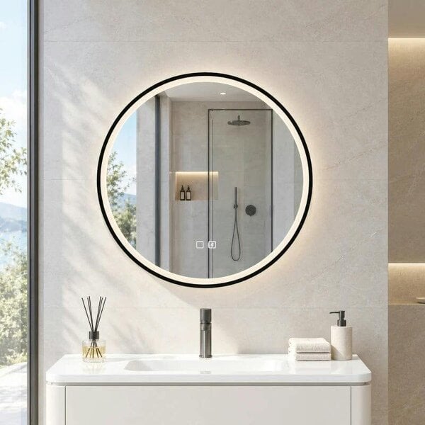 Bathroom Mirror with LED Lights, 60cm Round LED Bathroom Mirror with 3 Colours Dimmable, Bluetooth, Anti-Fog, Black - Black