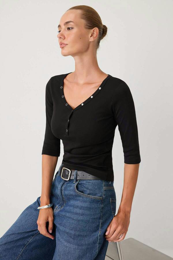 WOVCOR Fitted V Neck Button Front Ribbed Long Sleeve Blouse