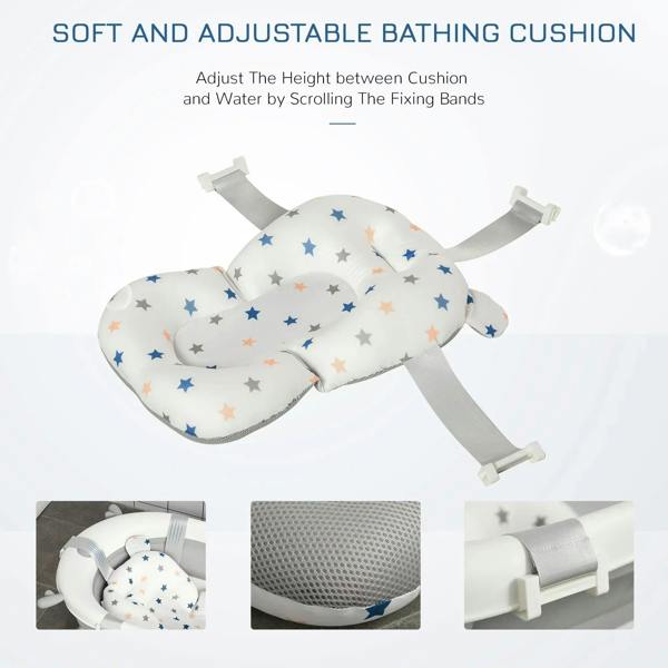 Foldable baby bathtub with adjustable bathing cushion and star-patterned padded insert