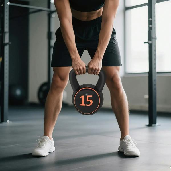 15 lb black kettlebell held with both hands, wide handle and orange number ring