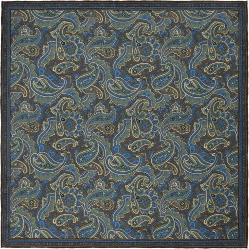 Otway & Orford 'Cypress' paisley silk pocket square in gold, brown, blue & green (42 x 42cm)