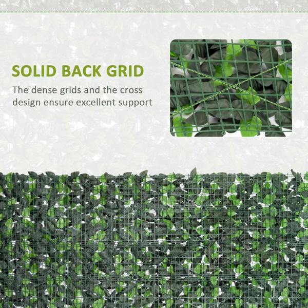 Artificial leaf hedge panel with solid cross-grid backing and dense green leaf surface