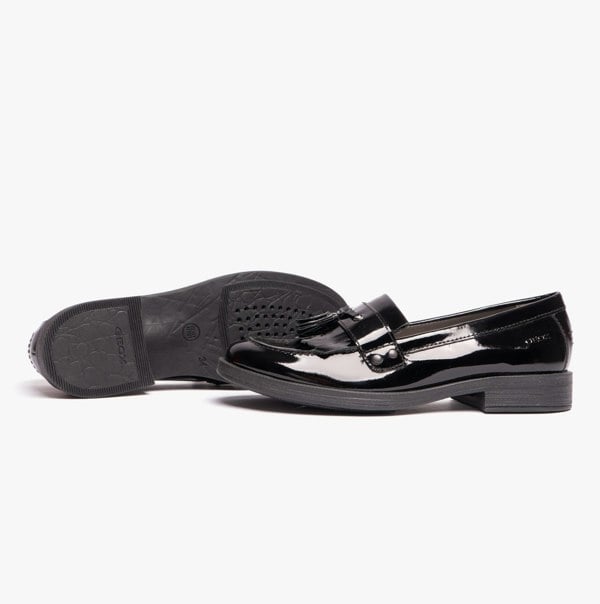 GEOX JR AGATA Girls Moccasin Tassel School Shoes Patent Black