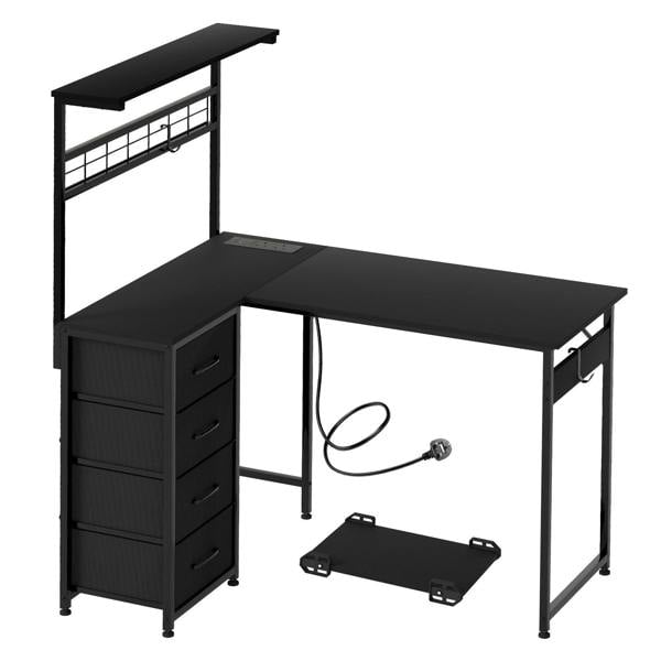 Levede L-Shaped Gaming Desk Office Computer Table with Power Socket LED Drawers