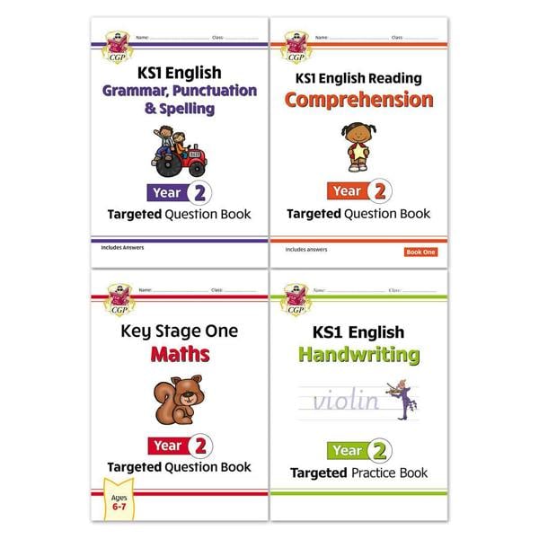 CGP KS1 Year 2 Workbook Bundle – Ages 6-7 (Grammar Punctuation and Spelling, Reading Comprehension, Handwriting, Maths)