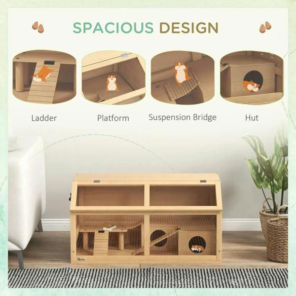 Wooden hamster cage with suspension bridge, platform levels, and round hut on floor.