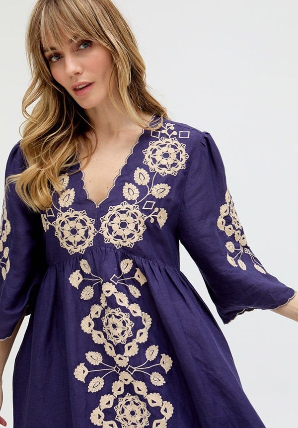 Raffya Arianna V- Neck Embroidered Maxi Dress In Blue