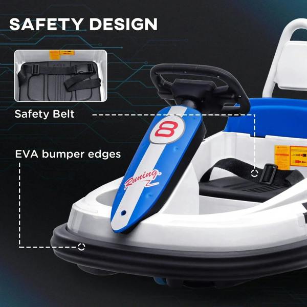 Kids electric bumper car with safety belt and EVA bumper edges, white and blue