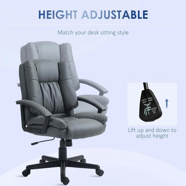 Dark grey mid-back executive chair with adjustable height lever and padded headrest