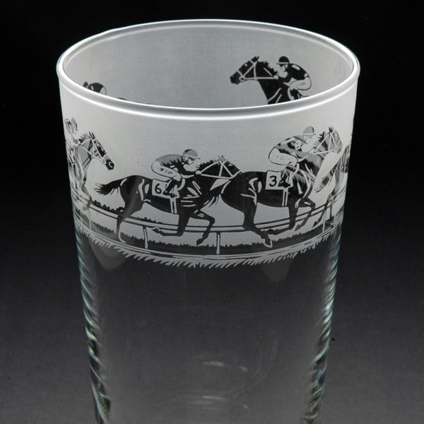Glyptic Glass Art Horse Racing Pint Glass - Hand Etched/Engraved Gift