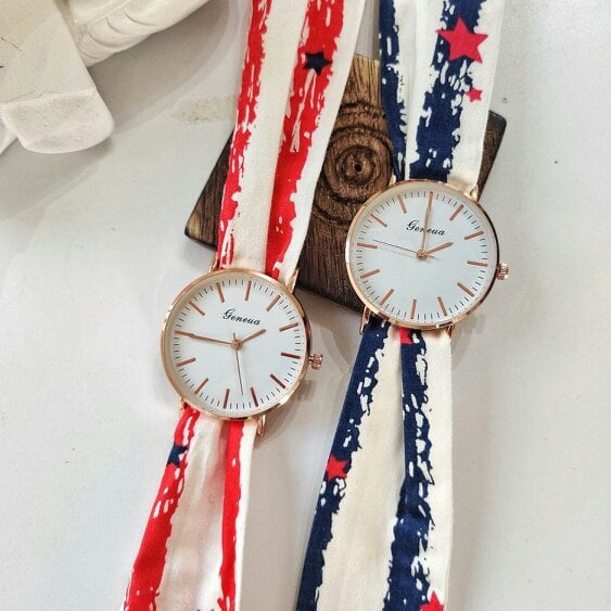The Colourful Aura Red Star Print Changeable Fabric Strap Tie Knot Women Geneva Wristwatch