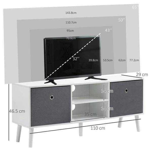 White TV cabinet with two grey storage drawers and open center shelf, TV centered on top