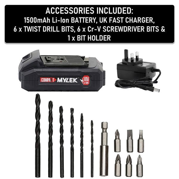 Mylek 18V Cordless Li-ion Drill And 13 Piece Accessory Set