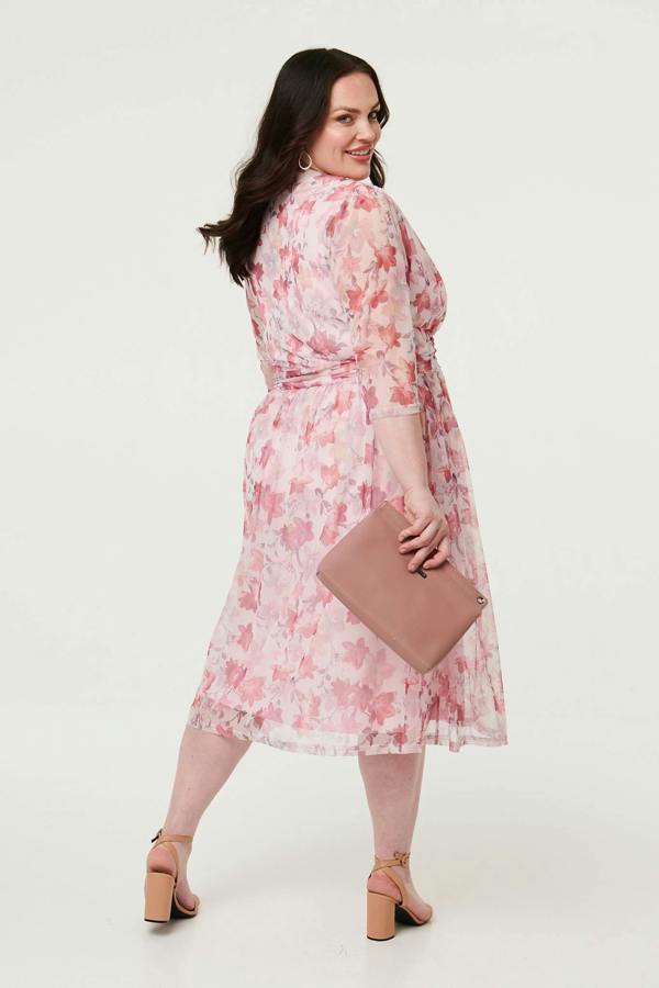 Red | Curve Floral Wrap 1/2 Sleeve Midi Dress