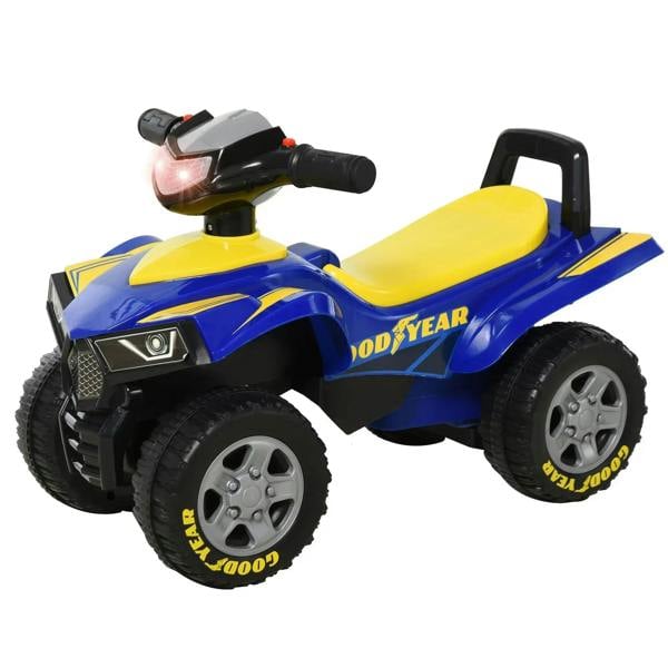 Blue and yellow Goodyear ride-on quad bike with yellow seat, front lights, horn button