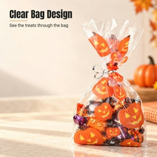 Shatchi 13x30cm Pumpkin Cello Gift Bags with Twist Ties, Pack of 20 for Halloween Treats