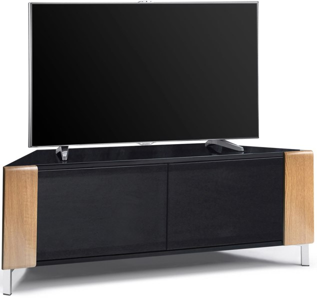 MDA Designs CORVUS Corner-Friendly Gloss Black Contemporary Cabinet with Oak Profiles Black BeamThru Glass Doors for Flat Screen TVs up to 50"