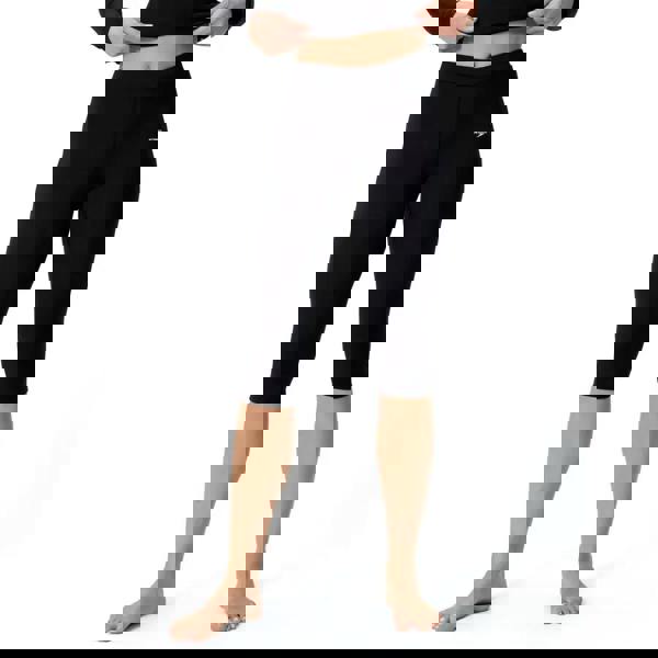 Black Speedo Endurance+ swim legging with snug fit and logo