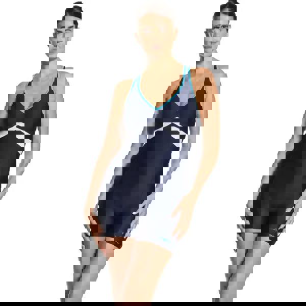 Zoggs Boronia Nelson legsuit in navy blue and teal with white accents