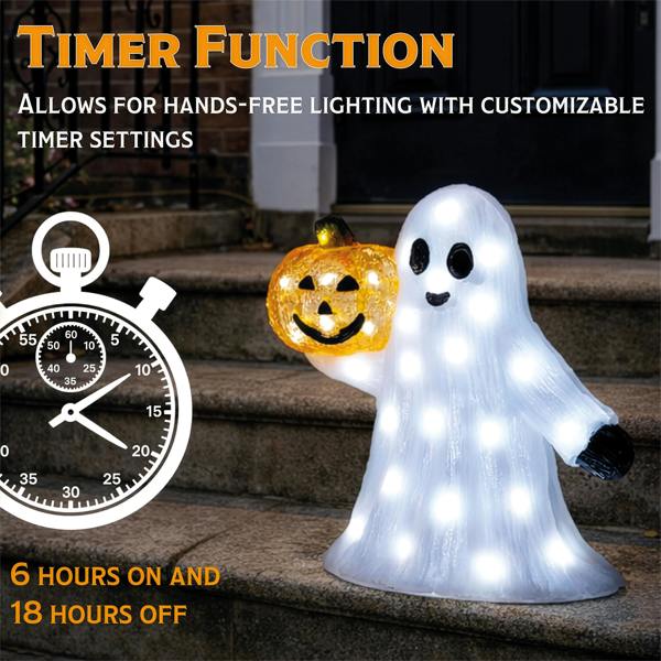 Fxlab 50L White LED Pumpkin & Ghost Halloween Outdoor Decoration with 5m Cable, Timer & IP20 Transformer, 28x12.5x29.5cm