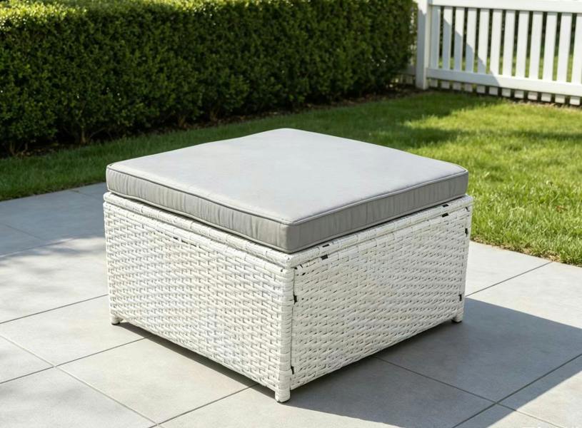 Fimous Light Grey Rattan Footstool Patio Outdoor Garden Furniture Accessory With Thick Dark Grey Cushion