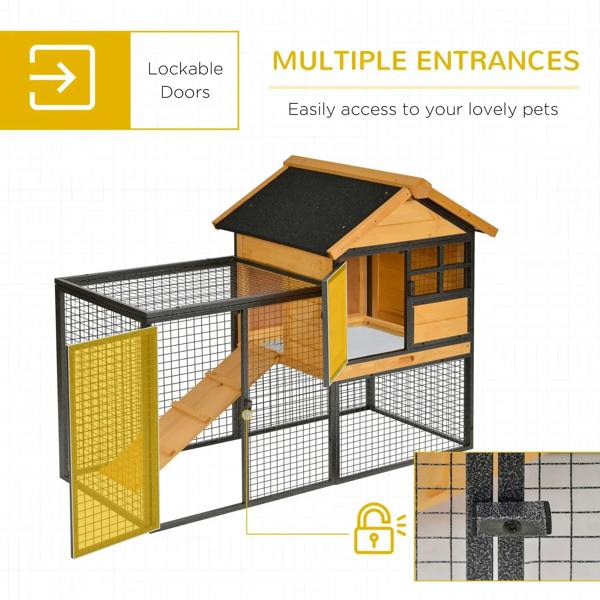 Guinea pig hutch with open access doors, wooden shelter, and wire run