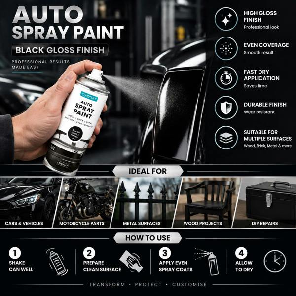 Overlay Gloss Black Auto Professional Spray Paint 250ml