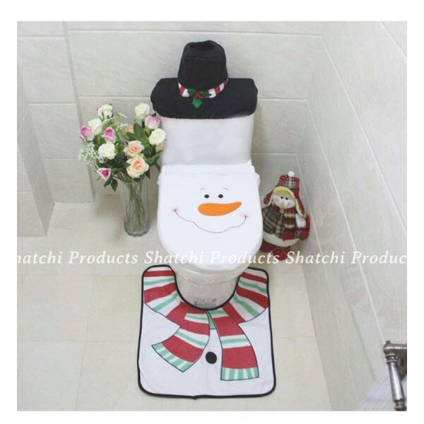 Shatchi Standard Size Christmas Toilet Seat Cover and Bathroom Mat Set, White Snowman Style, 3 Piece Decor