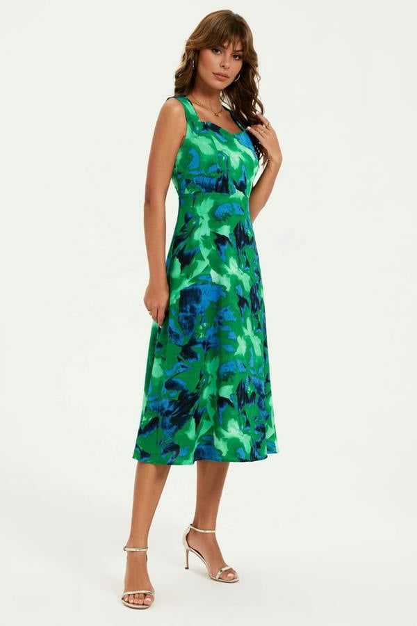 FS Collection Abstract Floral Print Heart Neck Midi Green