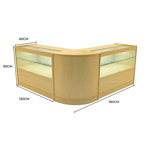 Maple Selene LED shop counter set featuring a sleek, curved design with glass display sections, measuring 60cm by 180cm