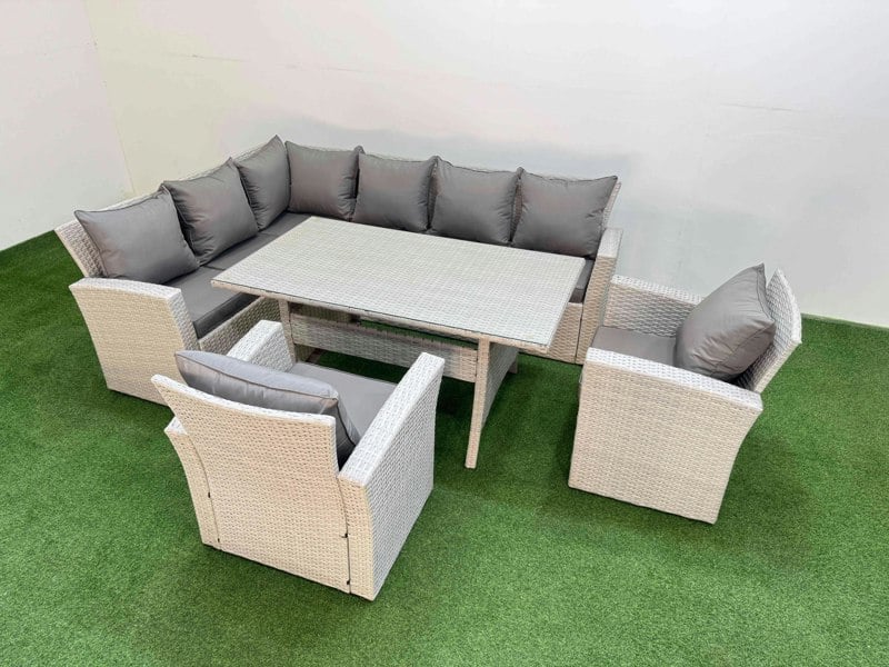 Fimous 8 Seater Rattan Garden Furniture Set Outdoor Patio Dining Corner Sofa Sets with Dining Table 2 Chairs Light Grey Mixed