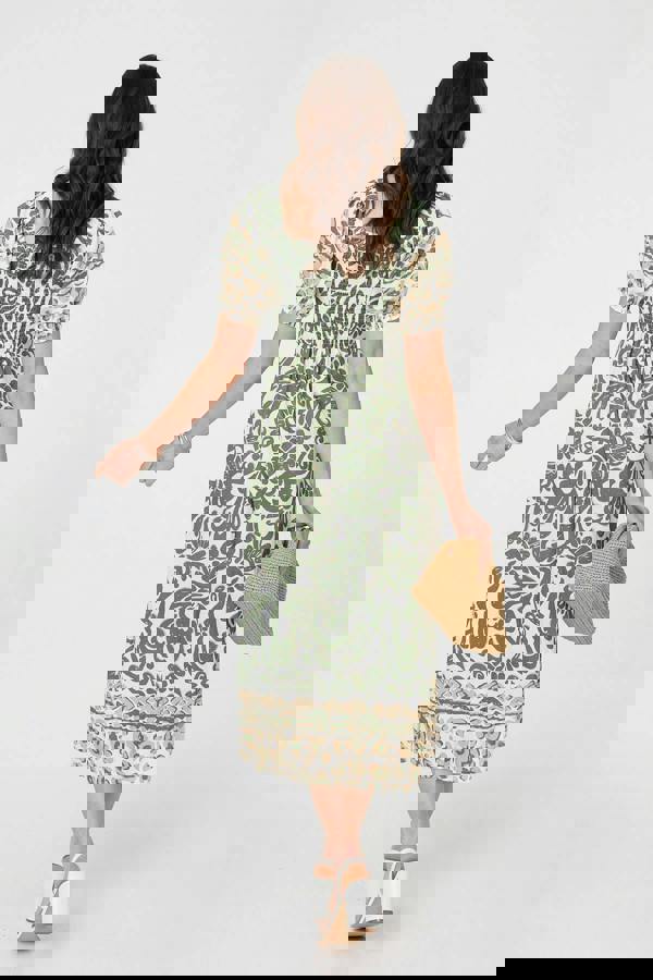 Khaki | Printed Tie Front Puff Sleeve Midi Dress