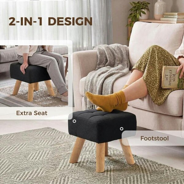 Linen-Look Square Padded Footstool - Black