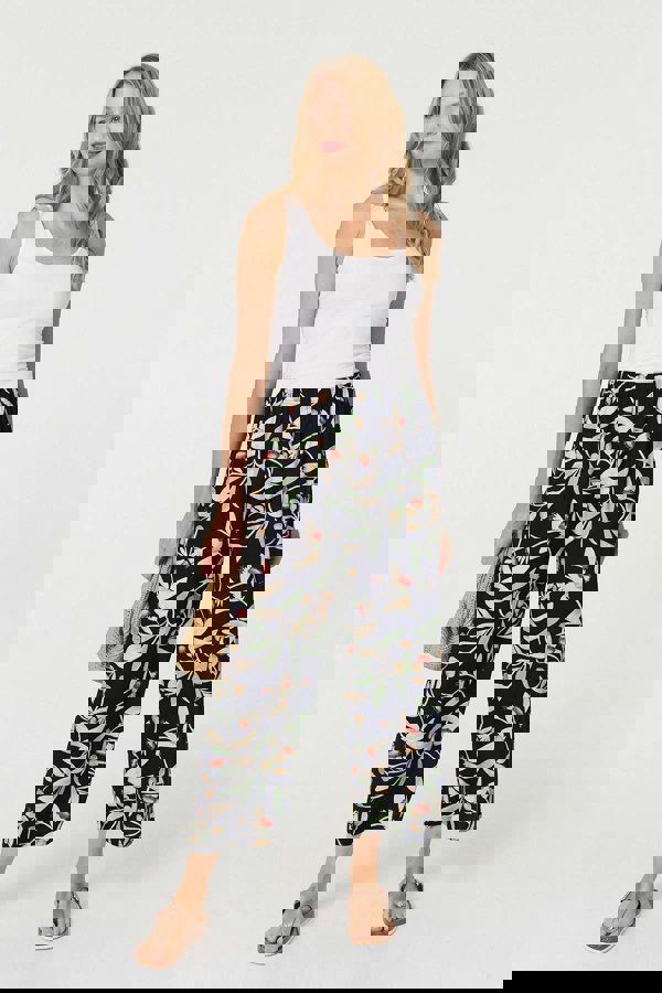 Navy | Leaf Print Tie Waist Wide Leg Trousers
