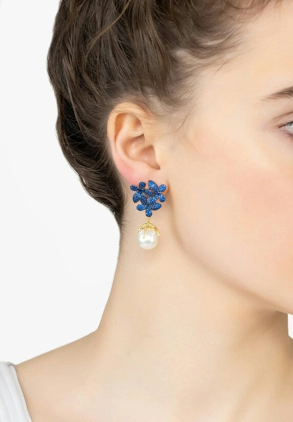Latelita Flowers Pearl Earrings Sapphire Blue Gold