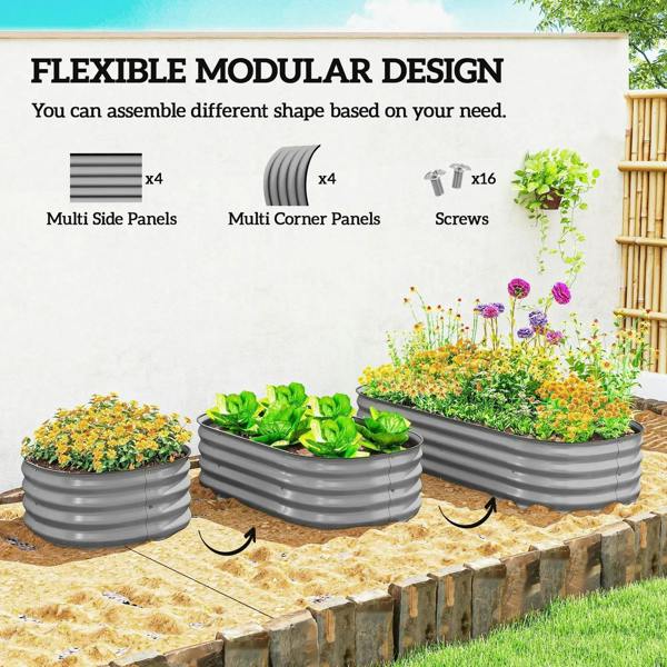 Gray galvanized metal raised garden bed with modular panels and screws for assembly