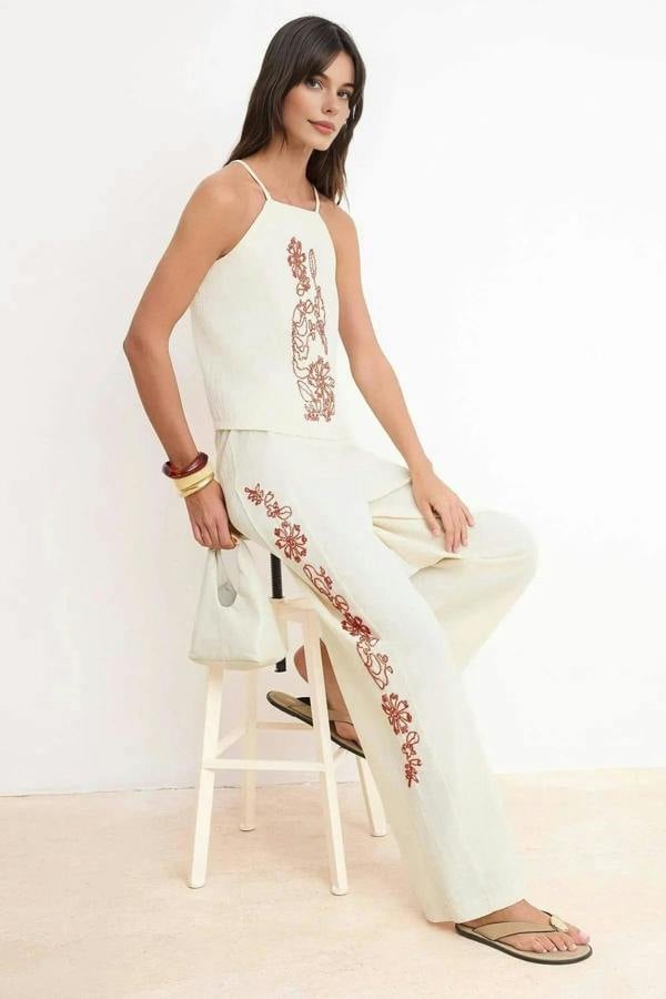 WOVCOR 2-Piece Embroidered Blouse Wide-Leg Trousers Woven Top and Bottom Set