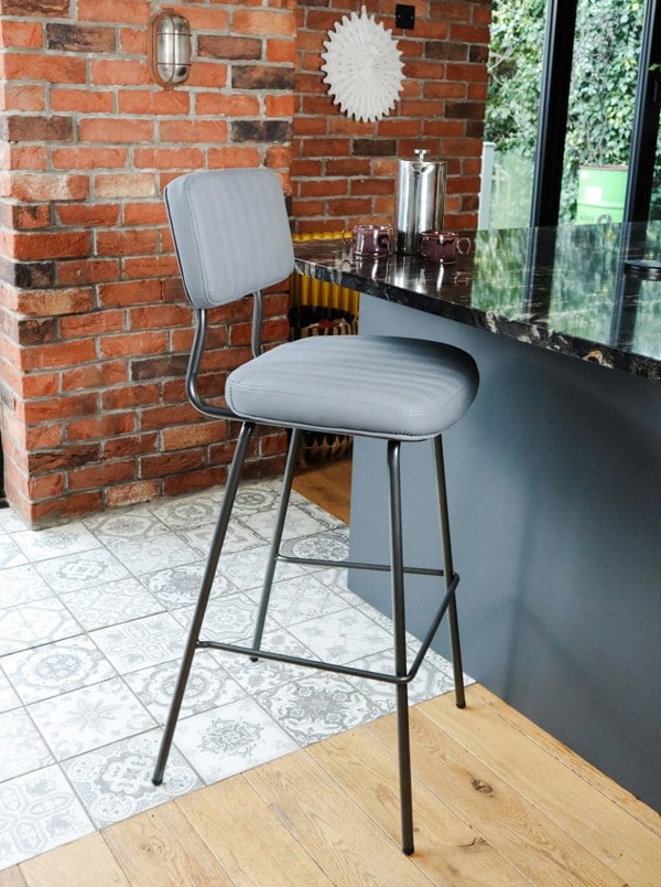 MMT Furniture Designs MMT PU Leather Bar Stools Set of 2, Grey/Tan with Steel Frame, Retro Industrial Style