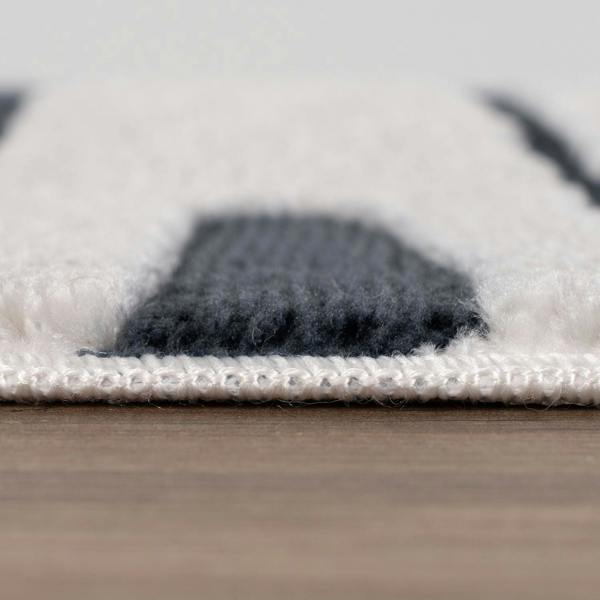 Close-up of a textured rug with a dark gray patch on a wooden floor.