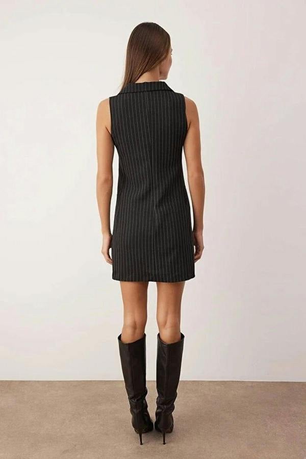 WOVCOR Striped Sleeveless Button Detail Mini Blazer Dress