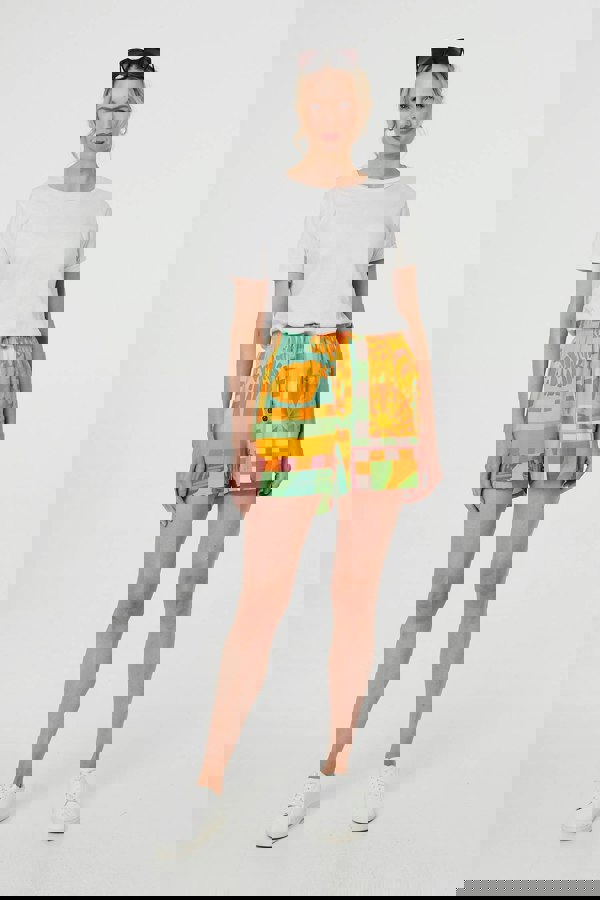 Orange | Patchwork Print Tie Waist Relaxed Shorts
