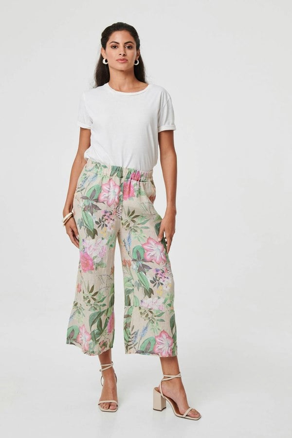 Beige | Floral Stretchy High Waist Crop Trousers

