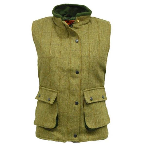 Ladies Game Derby Tweed gilet in light green tweed ideal for wearing on the farm or attending a shoot