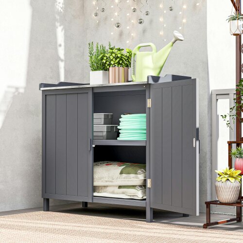 Outsunny Garden Storage Cabinet Potting Bench Table with Galvanized Top, Grey