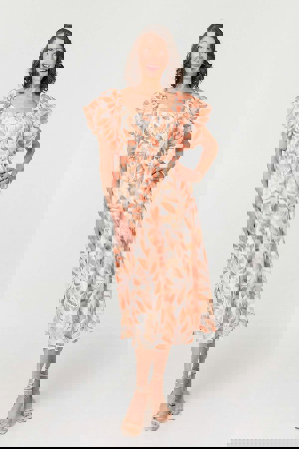 Orange | Leaf Print Short Puff Sleeve Midi Dress : Model is 5'8"/172 cm and wears UK10/EU38/US6/AUS10