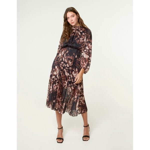 Blue Vanilla High Neck Metallic Pleated Dress