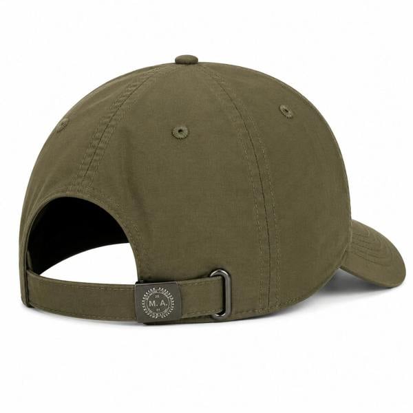 Khaki Marshall Artist nylon ripstop baseball cap with an adjustable metal strap and branded M.A. logo buckle.