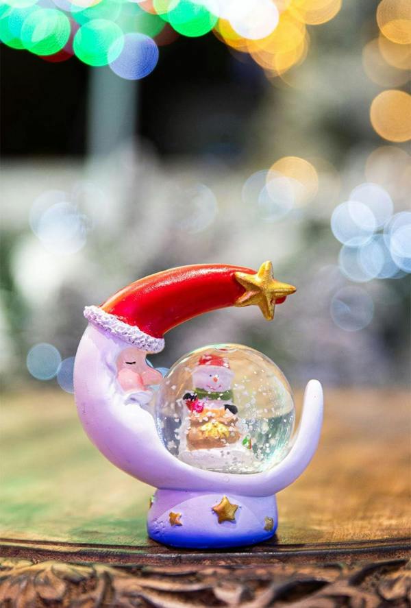 7cm Christmas Mini Snow Globe with Resin Moon and Star Base, Teddy Scene Decoration image 3
