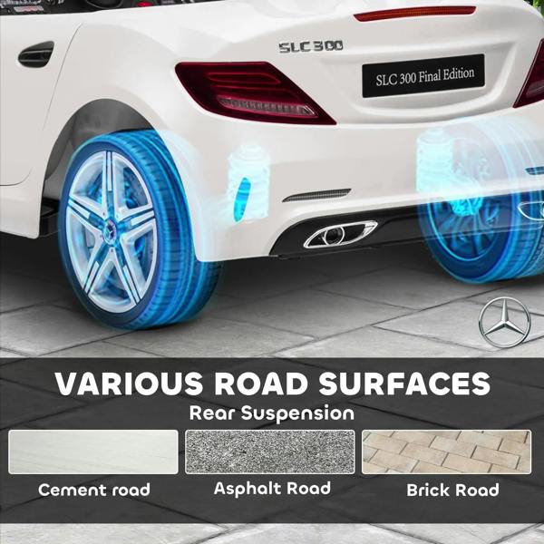 White ride-on car rear quarter with blue-tinged LED wheel lights and taillight detail.