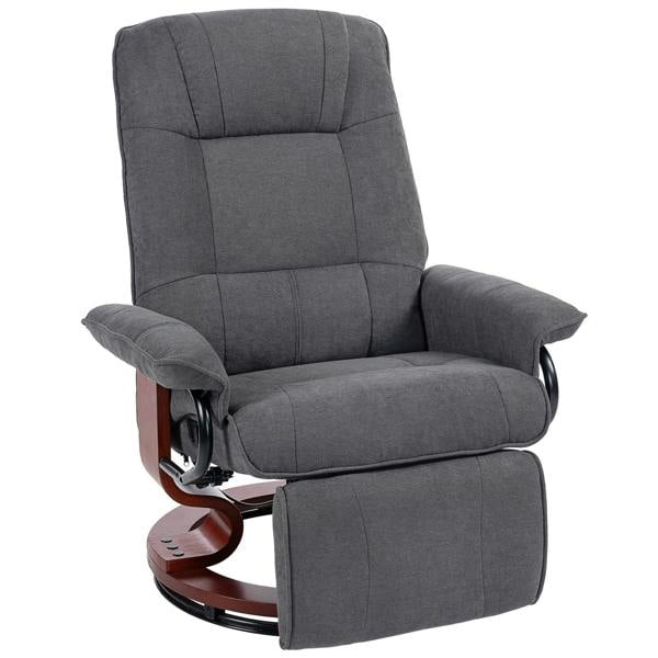 Grey reclining swivel chair with cushioned footrest and padded armrests